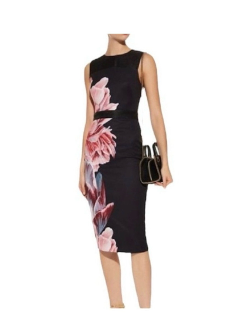 Ted Baker London Sleeveless Black Sheath Dress with Pink Floral Print